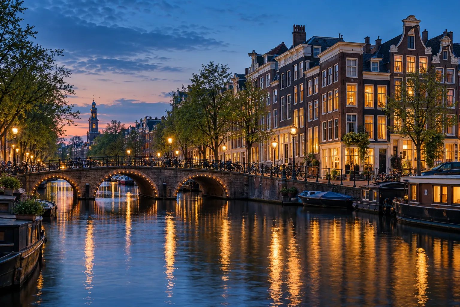 Illustrative Amsterdam canal scene with historic canal houses and a bridge at blue hour
