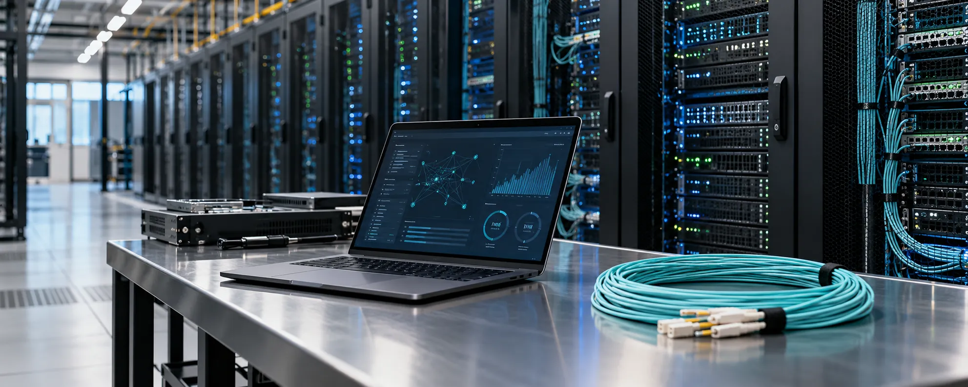 Illustrative data center workbench with a laptop, fiber cable and server racks