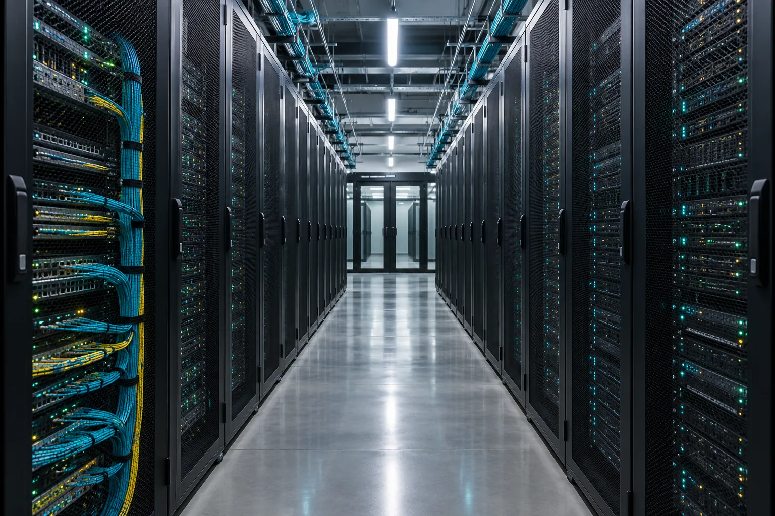 Illustrative data center aisle with server racks and neatly routed network cables